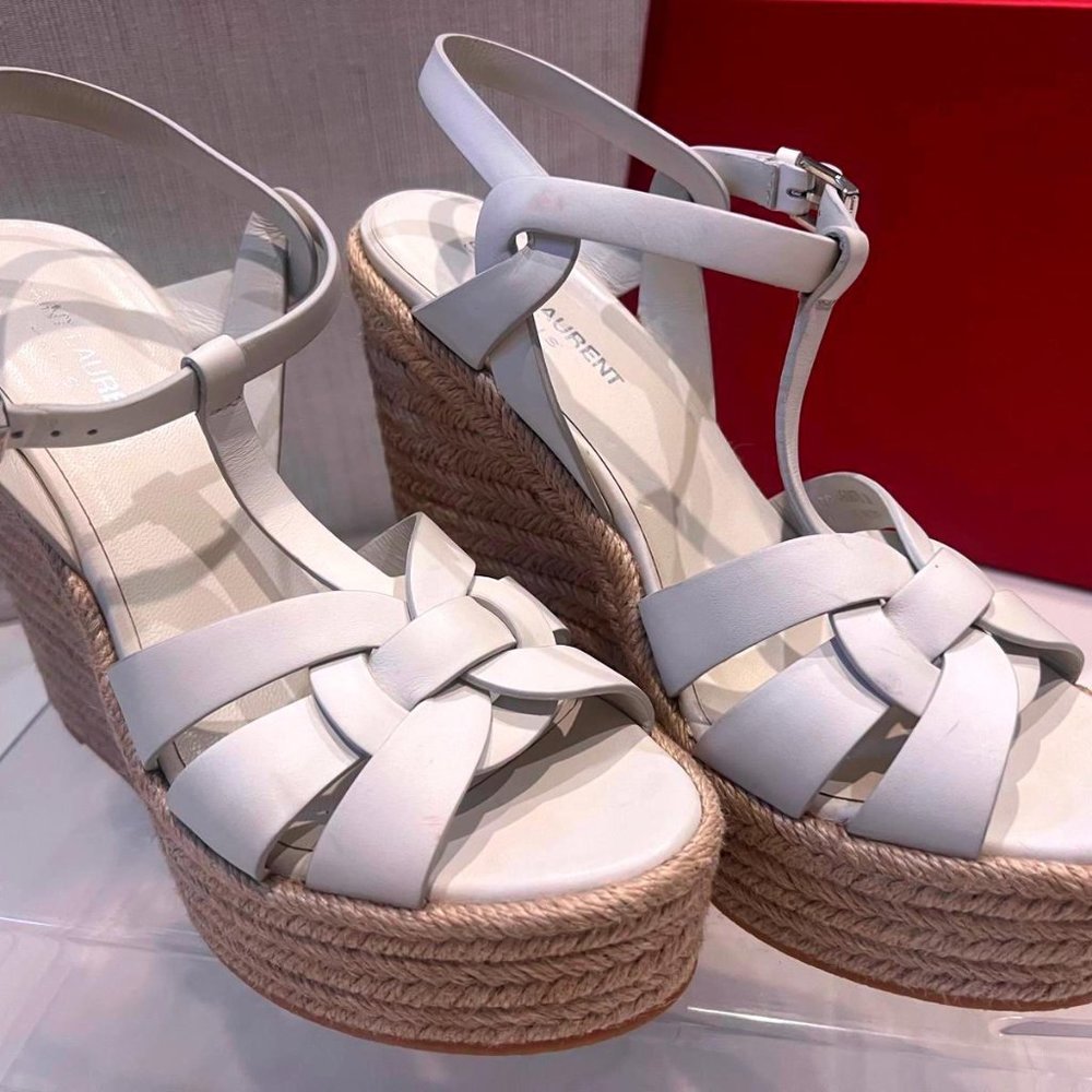 Saint Laurent White Leather Tribute Espadrille Wedge Sandal